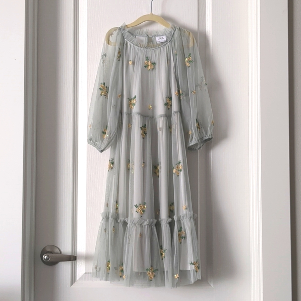 ZARA Girls Mint Beaded Embellished Mesh Tulle Dress 8